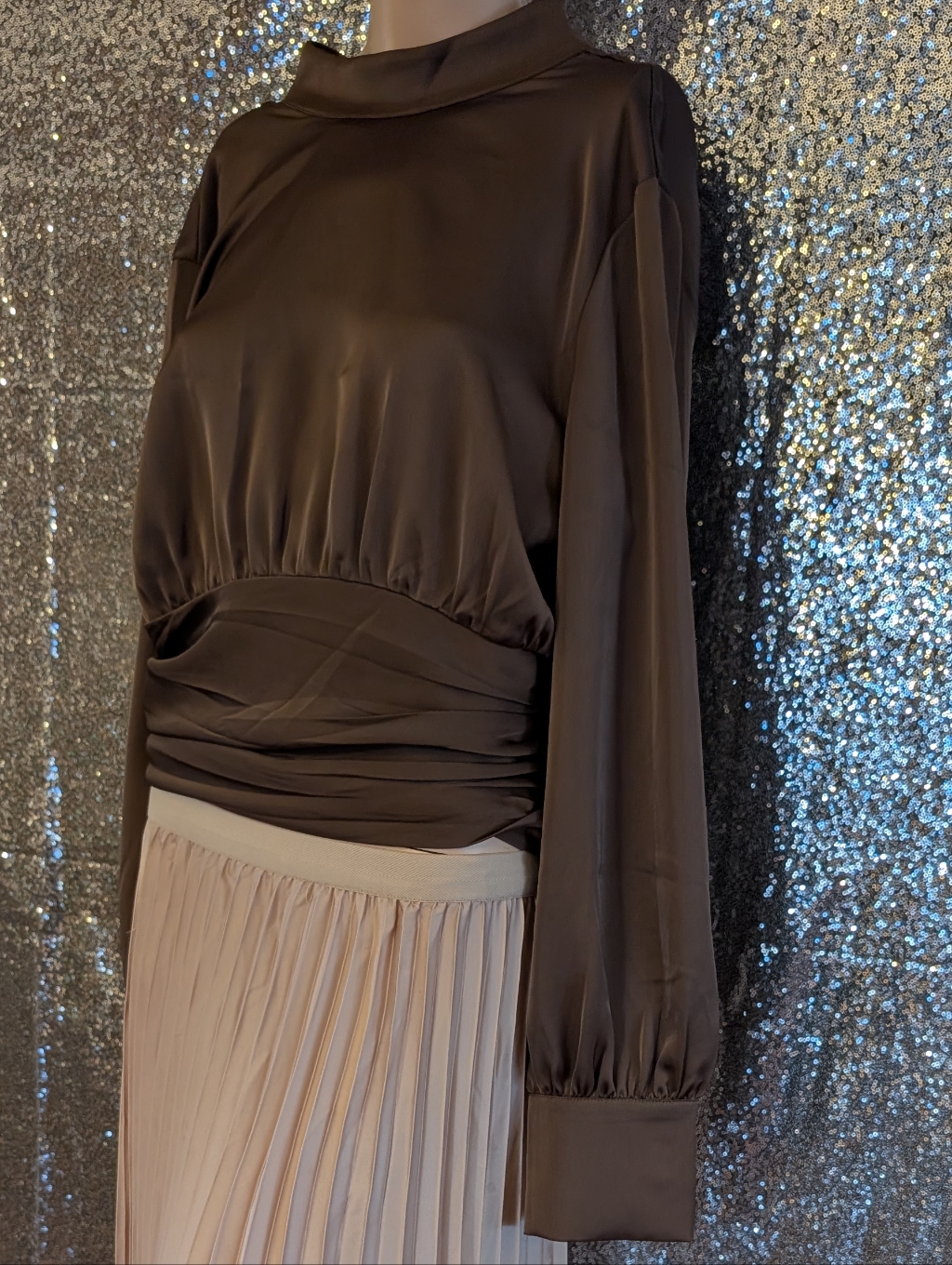 House Of Harlow 1960 Ruched Satin Mock Neck Blouse | Mushroom Brown | Size L